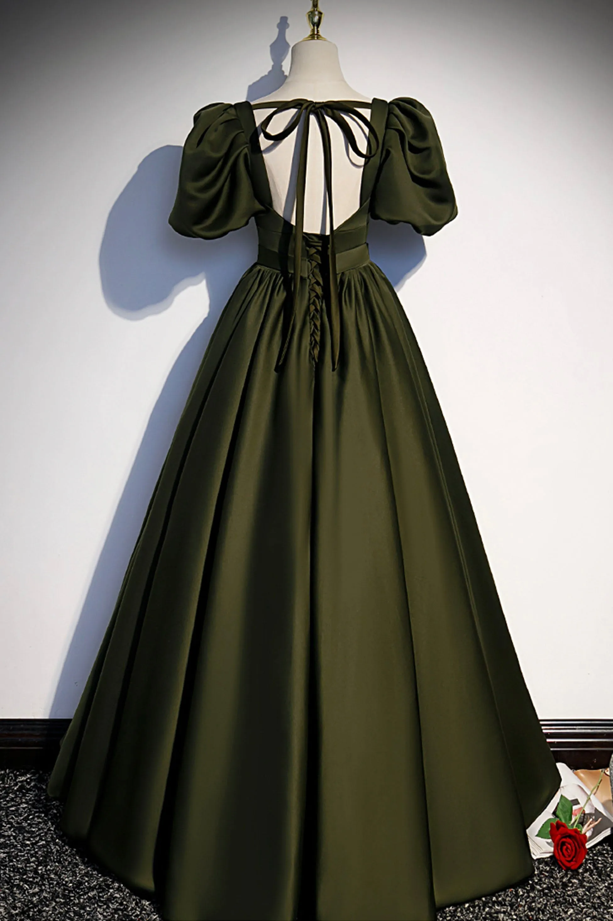 A-Line Satin Long Prom Dress, Dark Green Short Sleeve Evening Graduation Dress