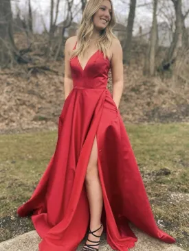 A Line V Neck Red Satin Long Prom Dresses with High Slit, Red Formal Graduation Evening Dresses with