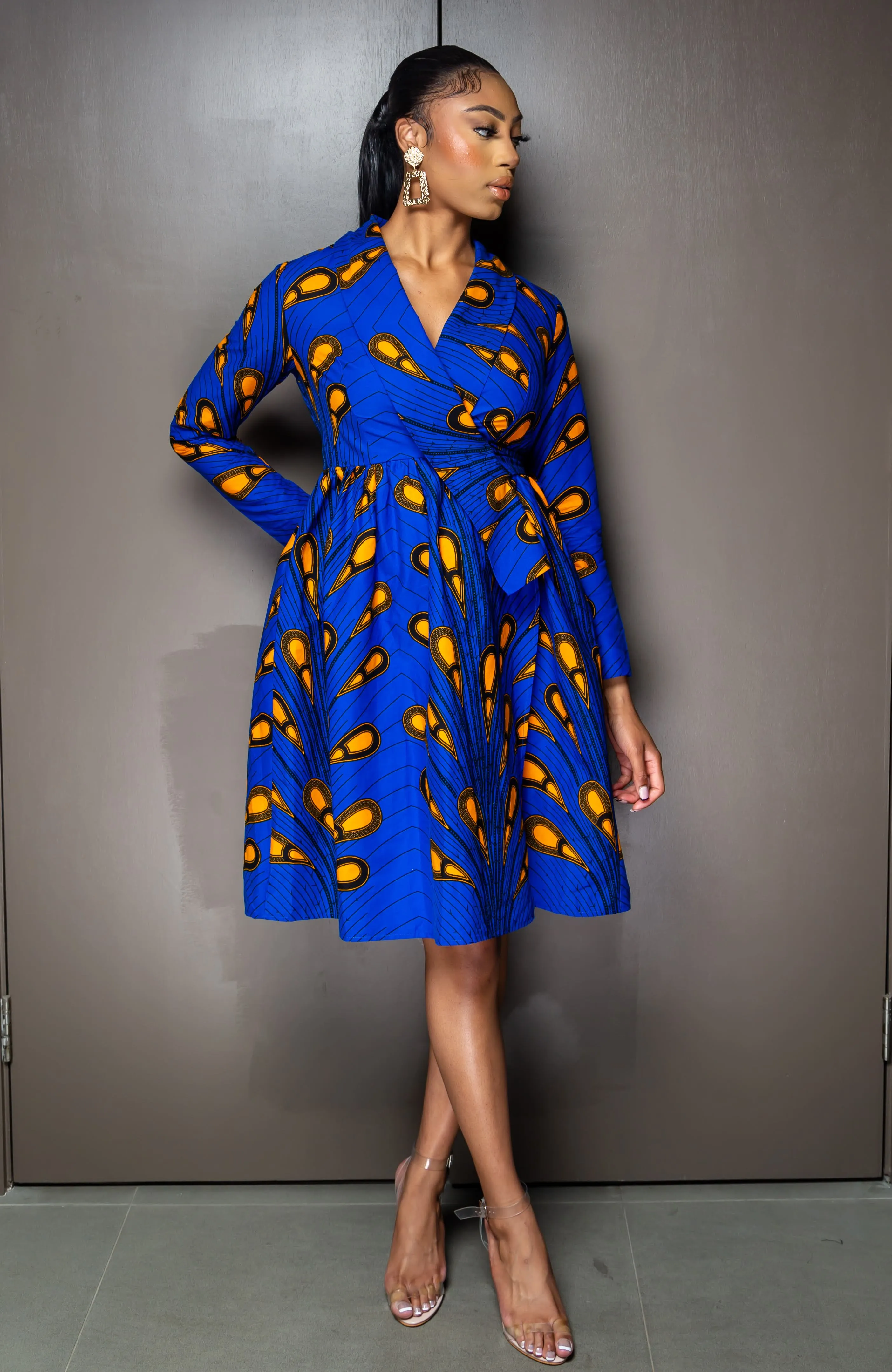 African Print Fit and Flare Shawl Collar Wrap Dress - ELLA