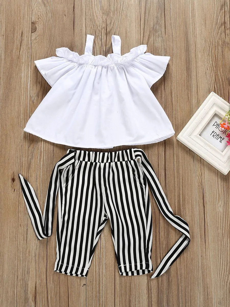 Baby Toddler Girl White Ruffle Suspender Top Casual Pants 2-Piece Summer Outfits