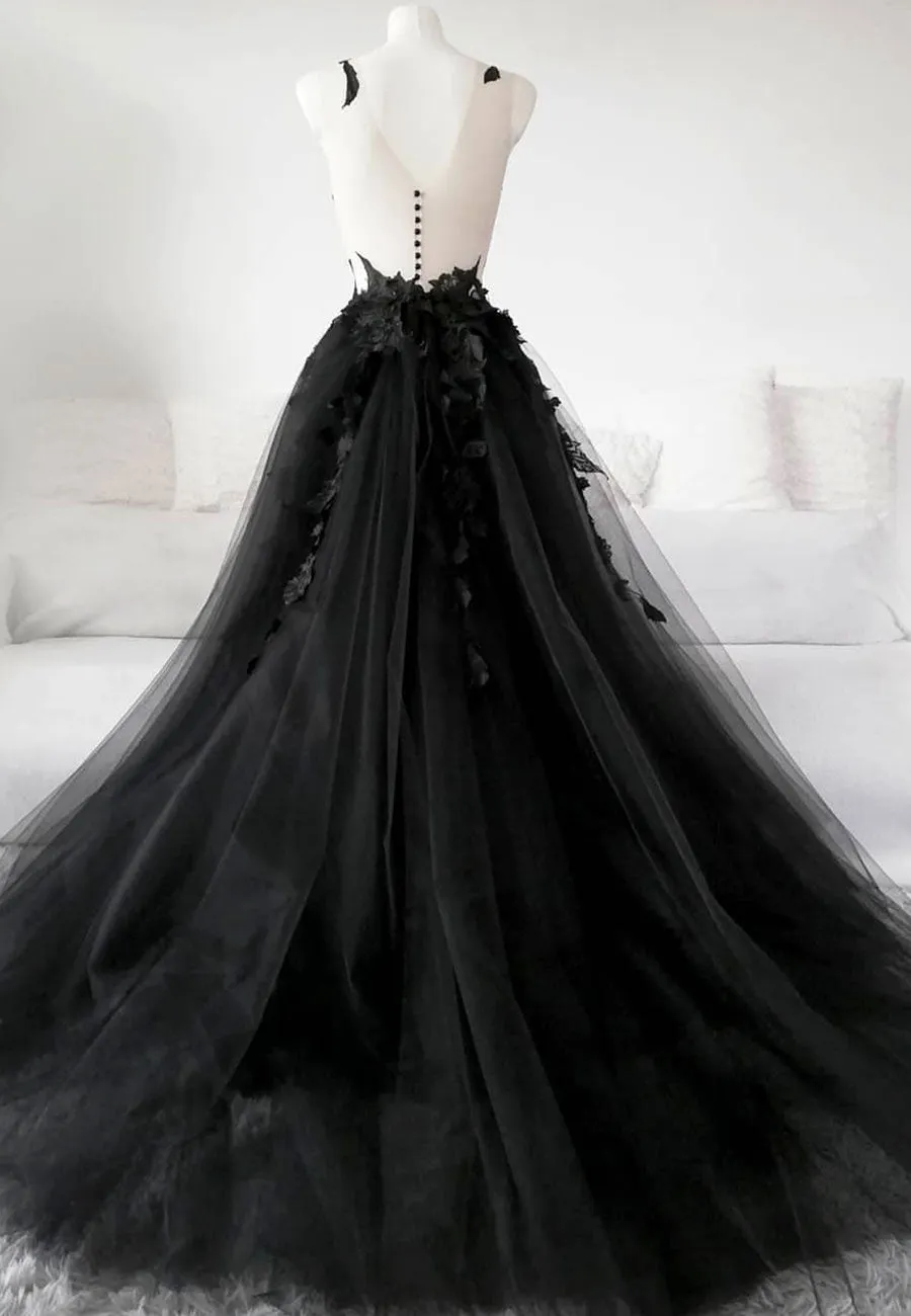 Black Tulle Lace Long Prom Dress, Black Formal Graduation Dress