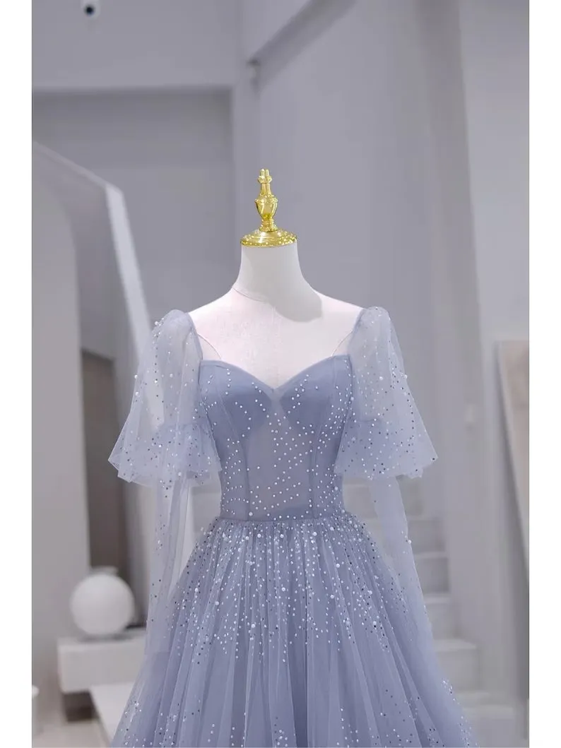 Blue Short Sleeves Tulle Long Sweetheart Party Dress, A-line Blue Prom Dress