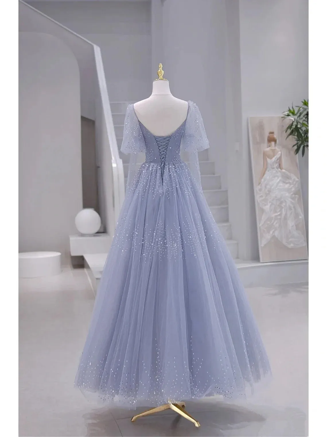 Blue Short Sleeves Tulle Long Sweetheart Party Dress, A-line Blue Prom Dress