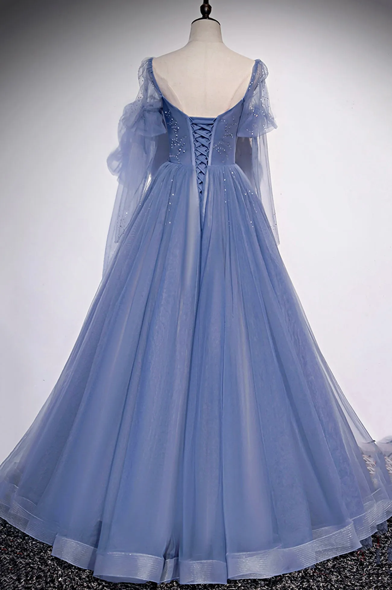 Blue Tulle Beading Long Prom Dresses, A-Line Formal Evening Dresses