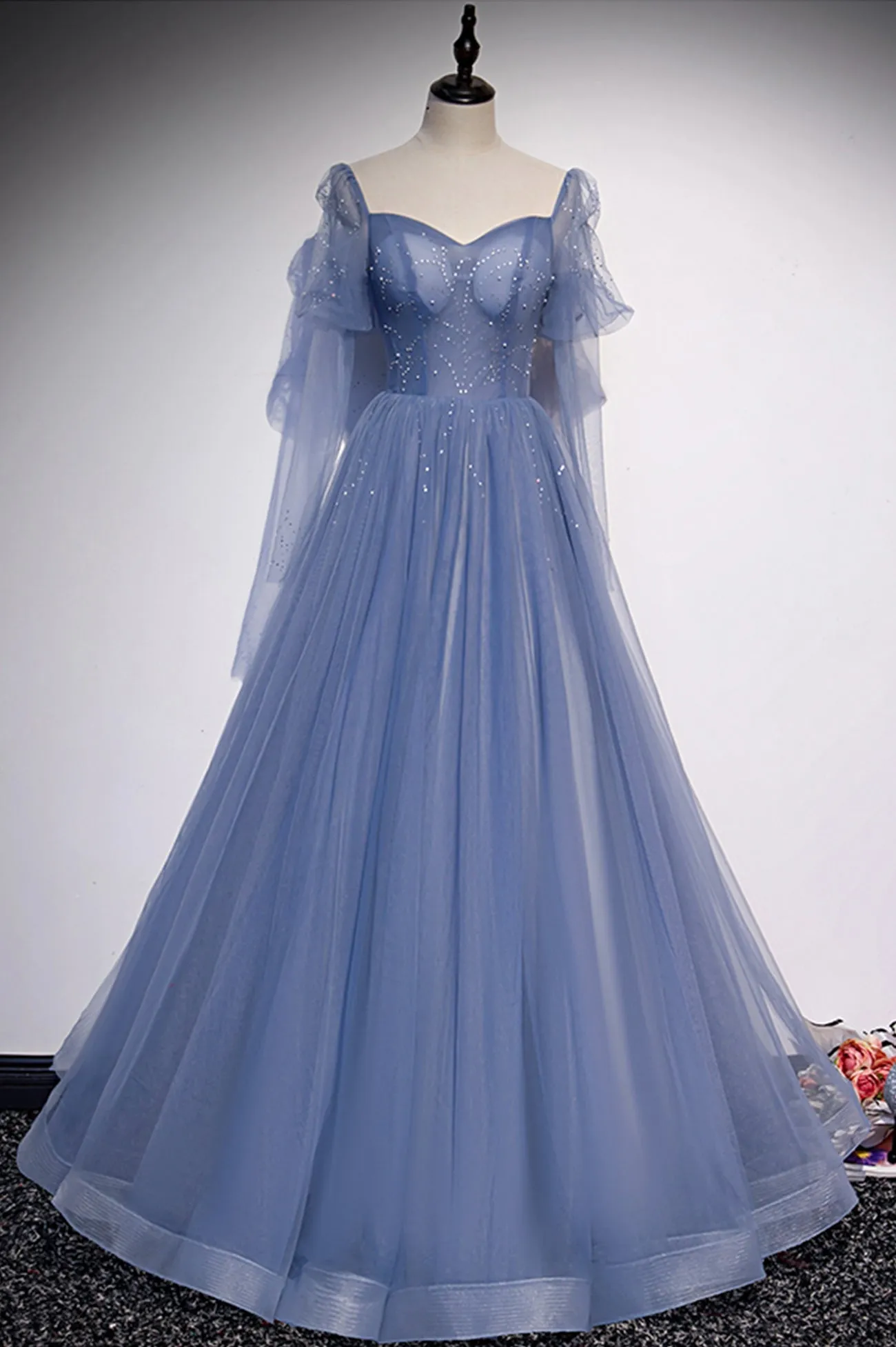 Blue Tulle Beading Long Prom Dresses, A-Line Formal Evening Dresses