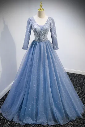 Blue V-Neck Tulle Beading Long Prom Dresses, Long Sleeve Evening Dresses