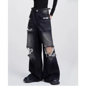 Bonnyshow Oversized Ripped Woman's Jeans Y2k Korean Fashion Vintage Denim Pants Grunge Wide Leg America High Street Retro Trousers