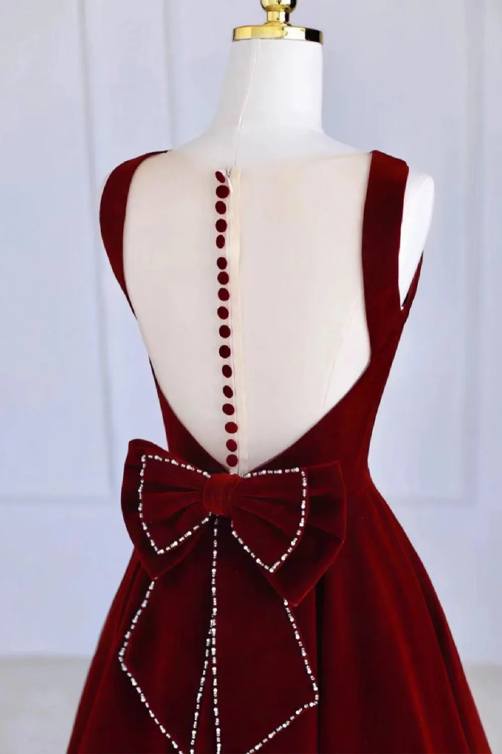 Burgundy Velvet Tea Length Prom Dress, A-Line Party Dress with Bow