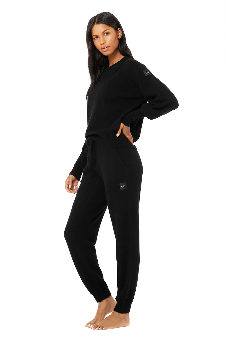 Cashmere Jet Set Crew & High-Waist Pant Set - Black