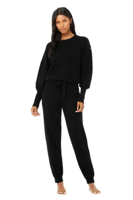 Cashmere Jet Set Crew & High-Waist Pant Set - Black