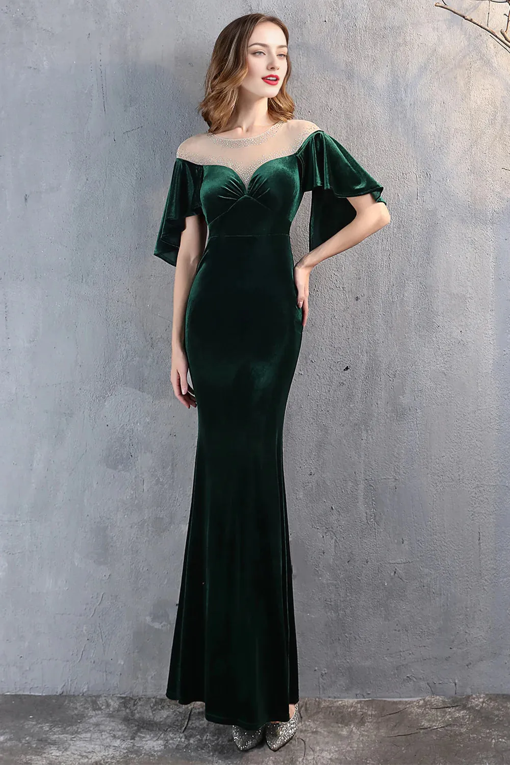 Elegant Champagne Velvet Mermaid Long Prom Dress Evening Dress