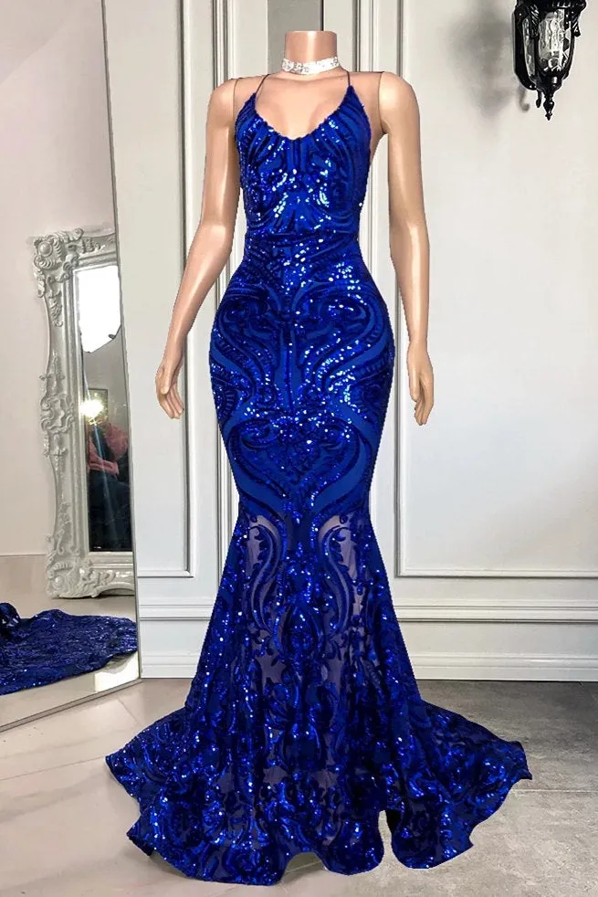 Exquisite Blue Sequins Lace Sleeveless Floor-length Mermaid Prom Dresses