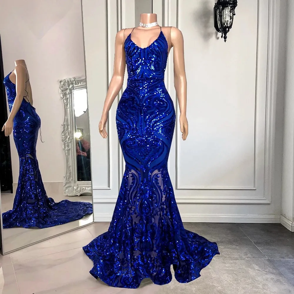 Exquisite Blue Sequins Lace Sleeveless Floor-length Mermaid Prom Dresses