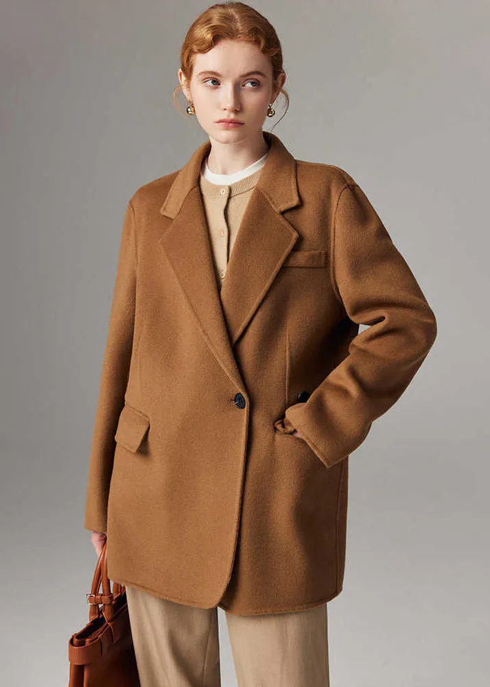 Front One Button Double Face Wool Blend Coat