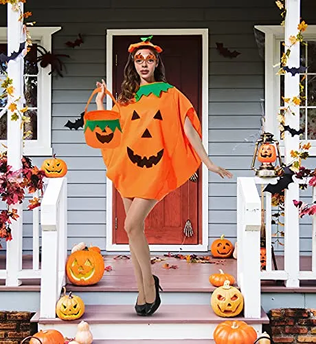 Funnlot Halloween Pumpkin Costume Adult Women Pumpkin Halloween Costumes Halloween Pumpkin Fancy Dress Pimpkin Outfit with Hat Pumpkin Bag Pumpkin Glasses for Halloween Adult Pumpkin Costume