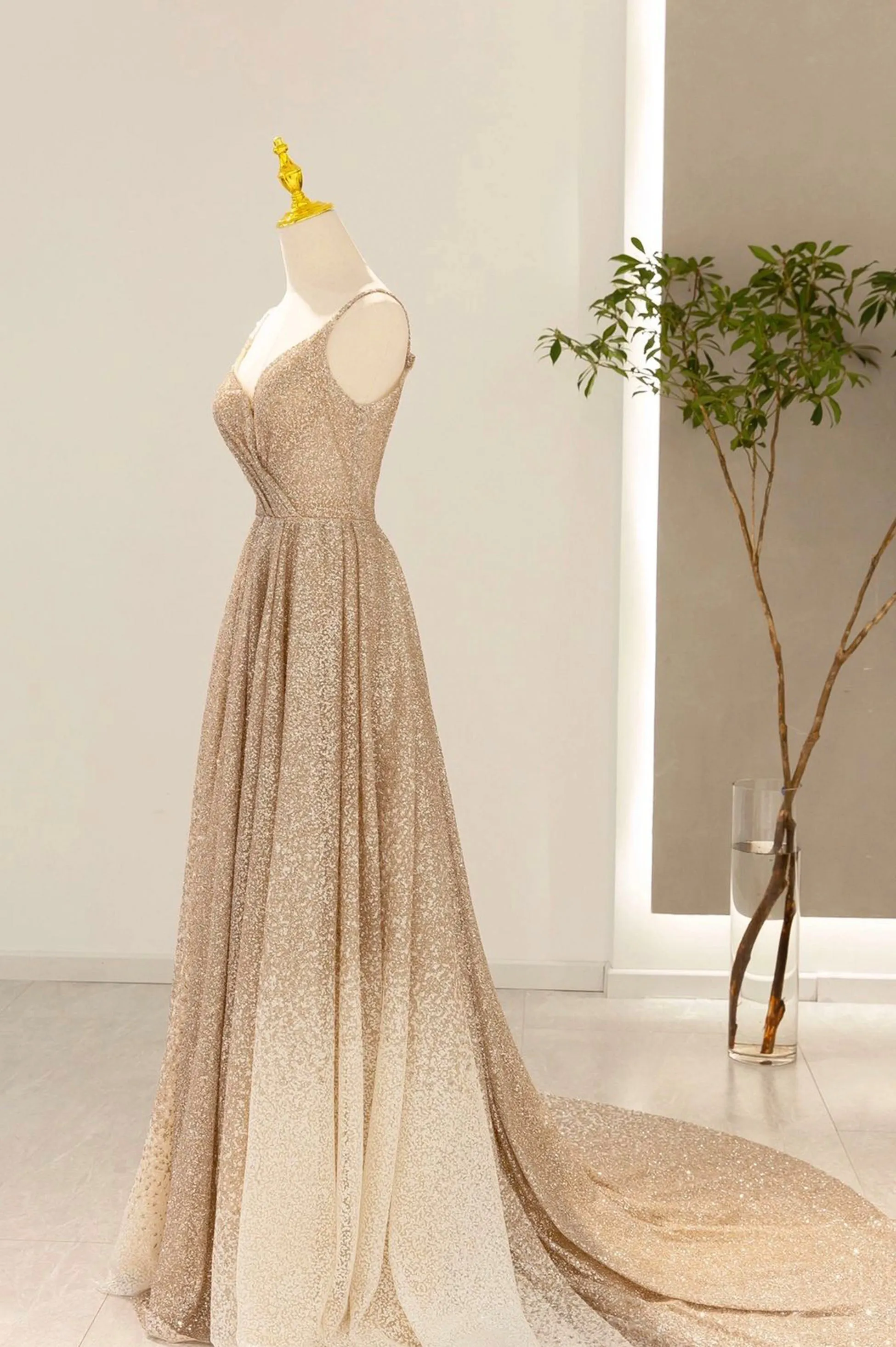 Gold V-Neck Sequins Long Prom Dress, A-Line Evening Party Dress