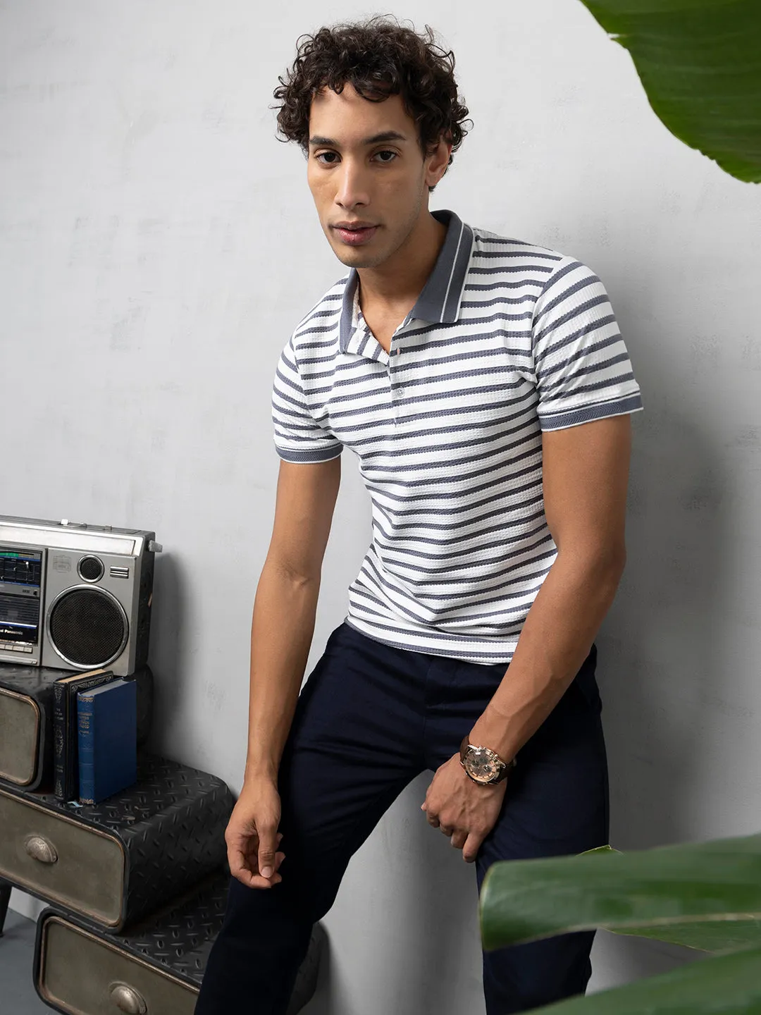 Grey Stripped Polo T-Shirt