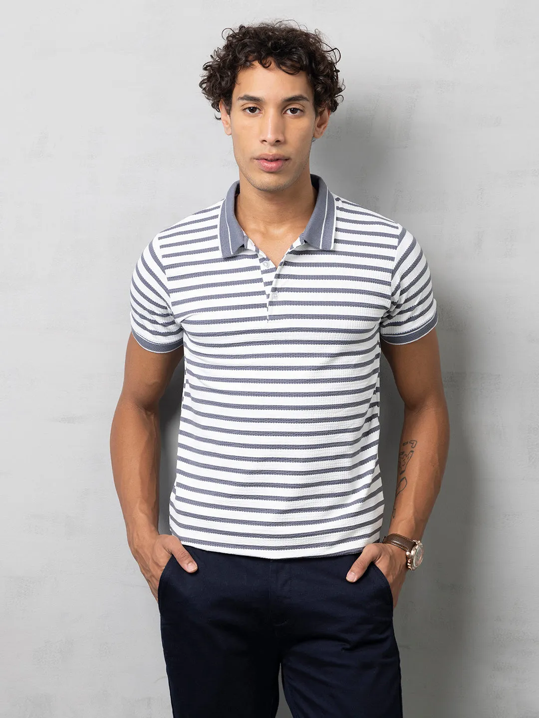 Grey Stripped Polo T-Shirt