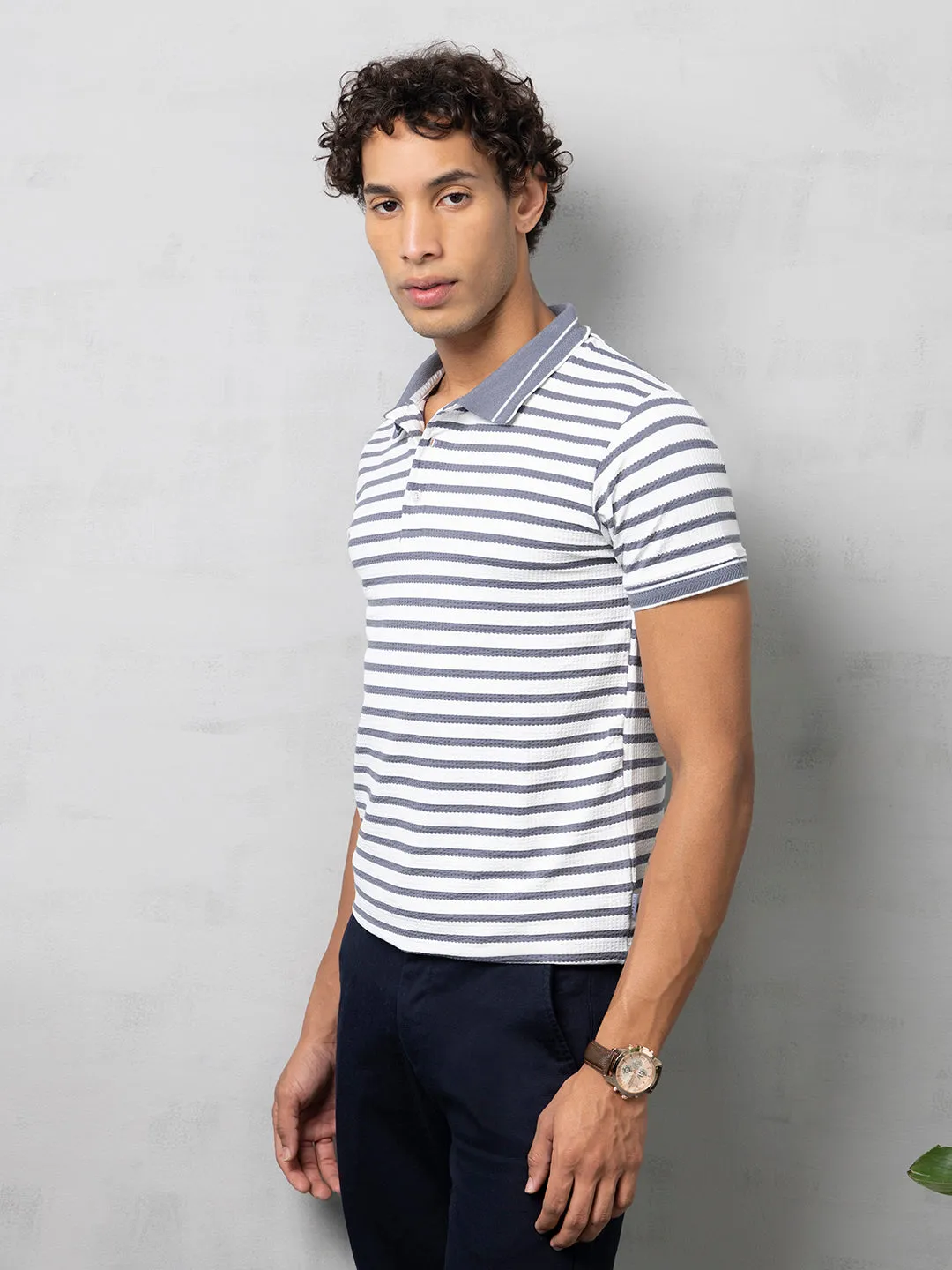 Grey Stripped Polo T-Shirt