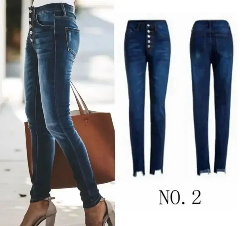 High Waist Women's Stretch Ripped Jeans, Classic Denim Pants in Blue and Black