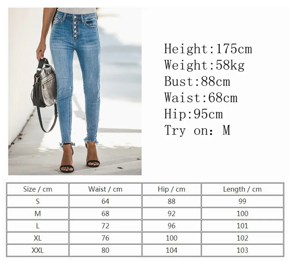 High Waist Women's Stretch Ripped Jeans, Classic Denim Pants in Blue and Black