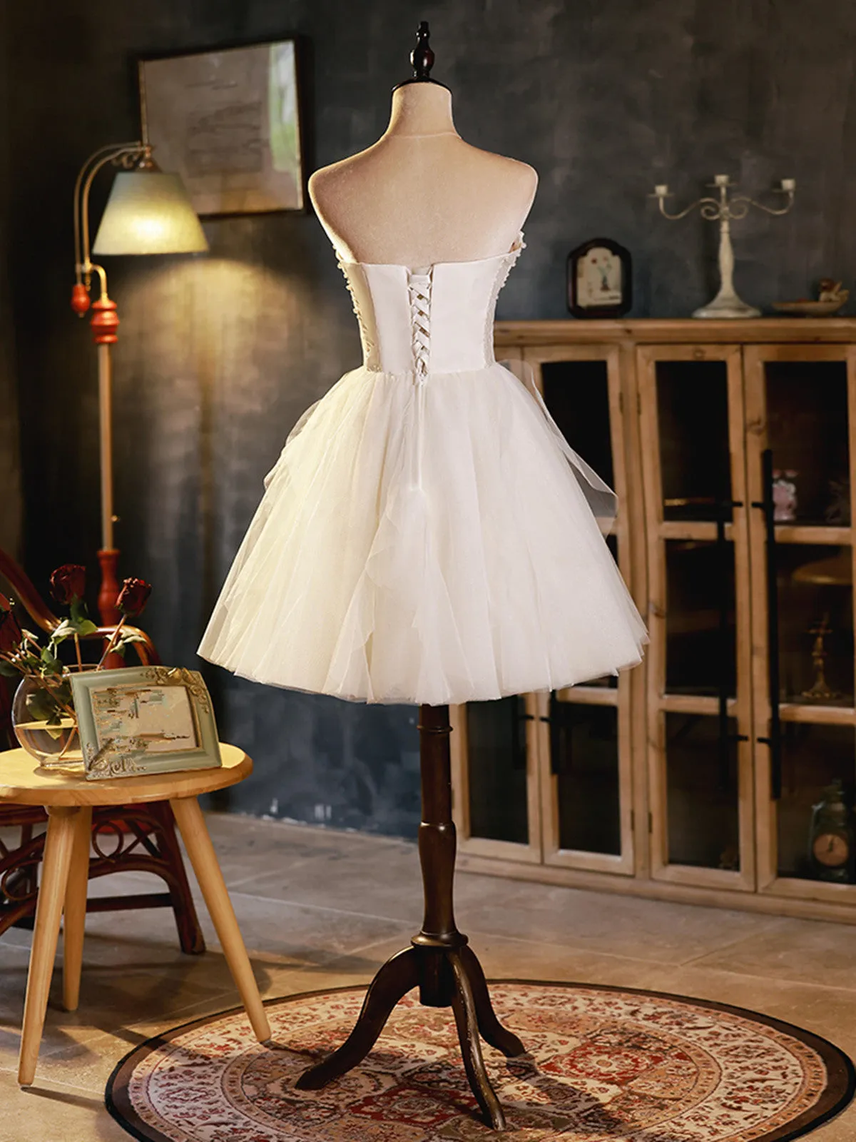 Ivory Tulle and Satin Short Party Dress, Ivory Homecoming Dress Graduation Dress