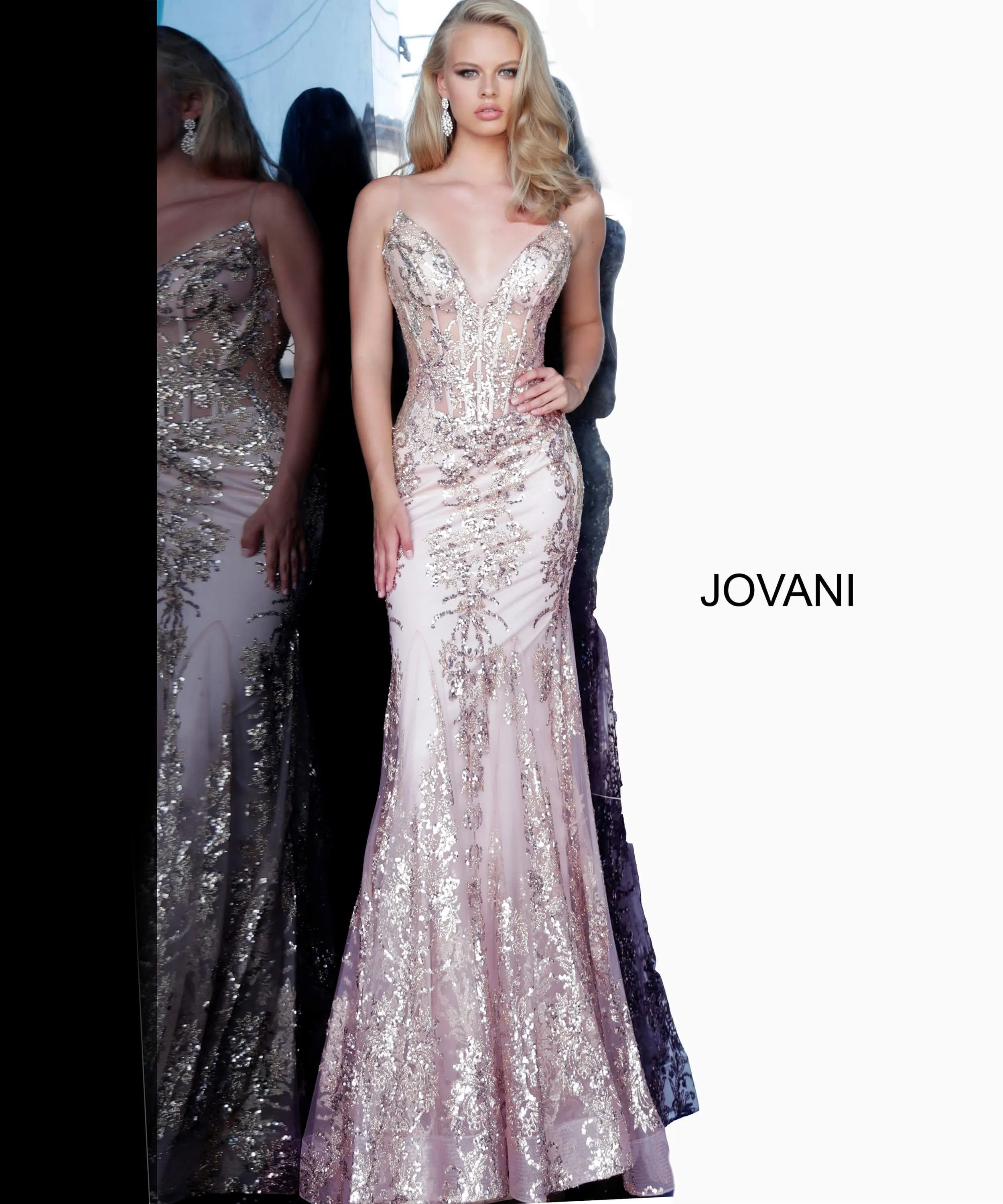 Jovani 3675 Long Prom Dress Sheer Corset Shimmer Mermaid Pageant Gown