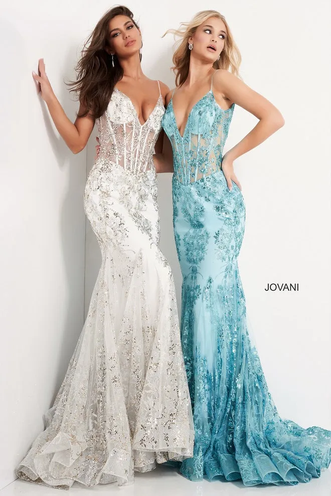 Jovani 3675 Long Prom Dress Sheer Corset Shimmer Mermaid Pageant Gown