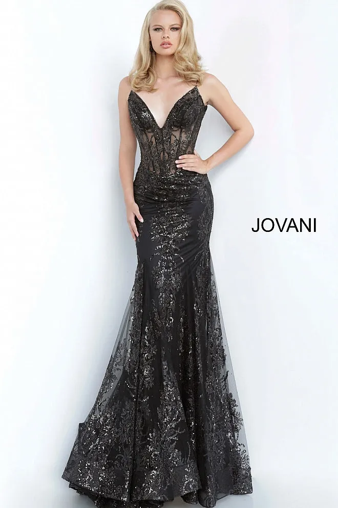 Jovani 3675 Long Prom Dress Sheer Corset Shimmer Mermaid Pageant Gown