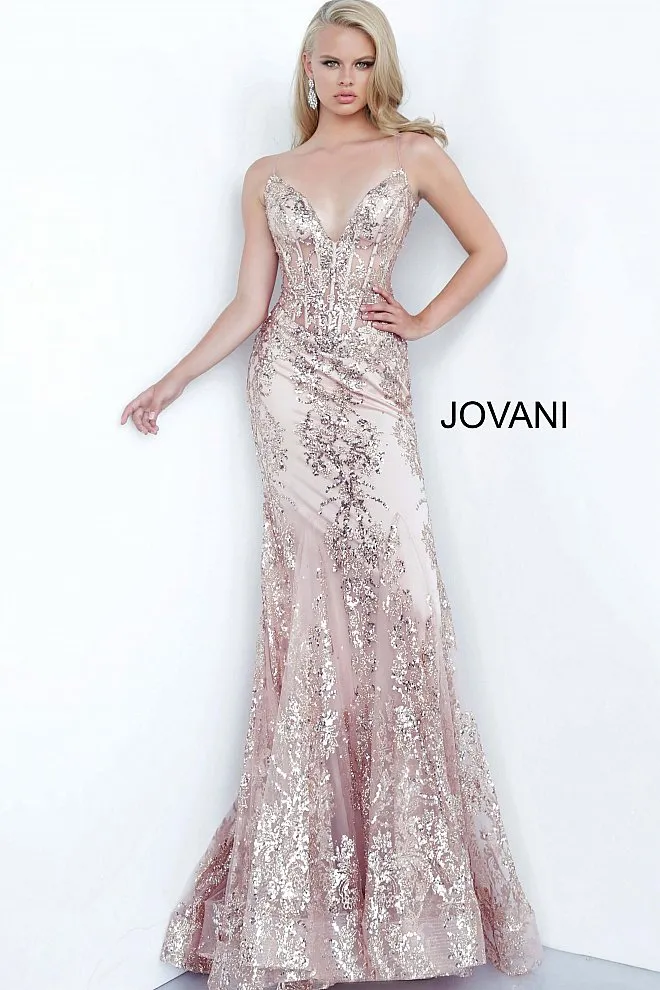 Jovani 3675 Long Prom Dress Sheer Corset Shimmer Mermaid Pageant Gown