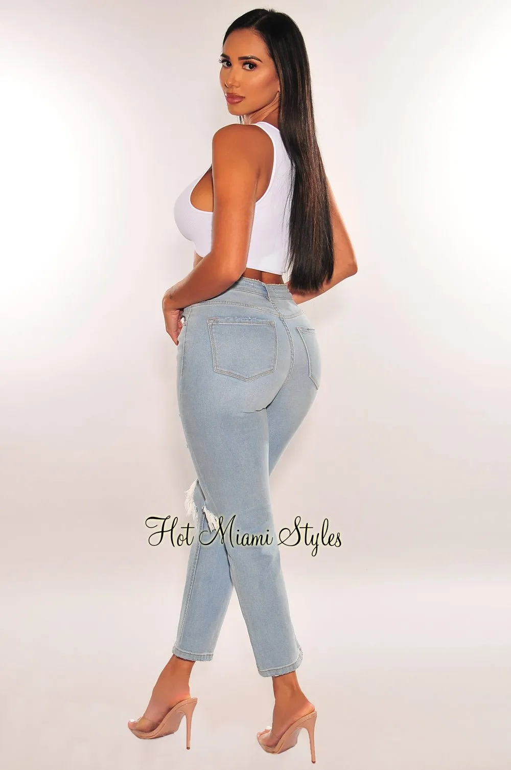 Light Denim High Rise Ripped Wide Leg Ankle Jeans