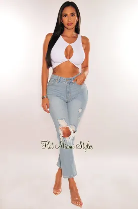 Light Denim High Rise Ripped Wide Leg Ankle Jeans