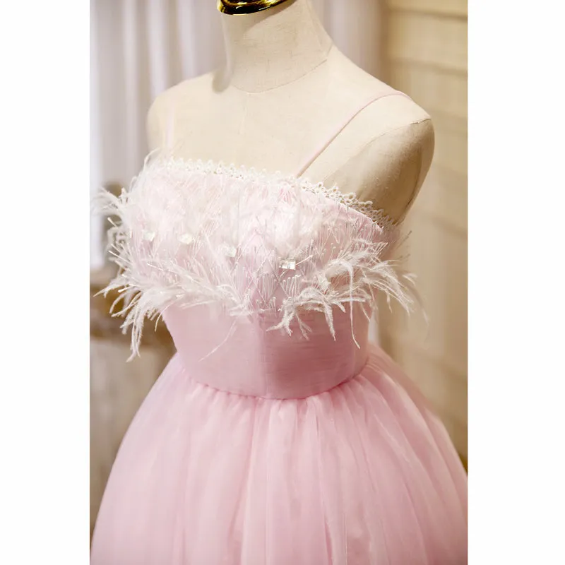 Lovely Pink Tulle Straps Knee Length Party Dresses, Pink Short Prom Dresses