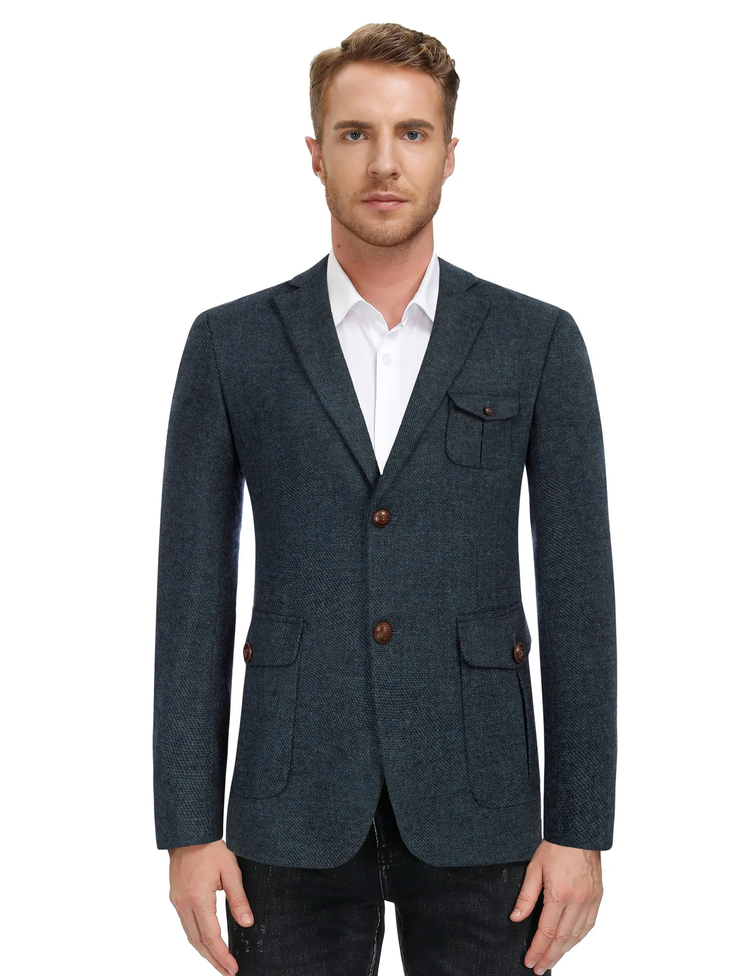 Men Herring Bone Textured Blazer Coat Notch Lapel Two Buttons Coat