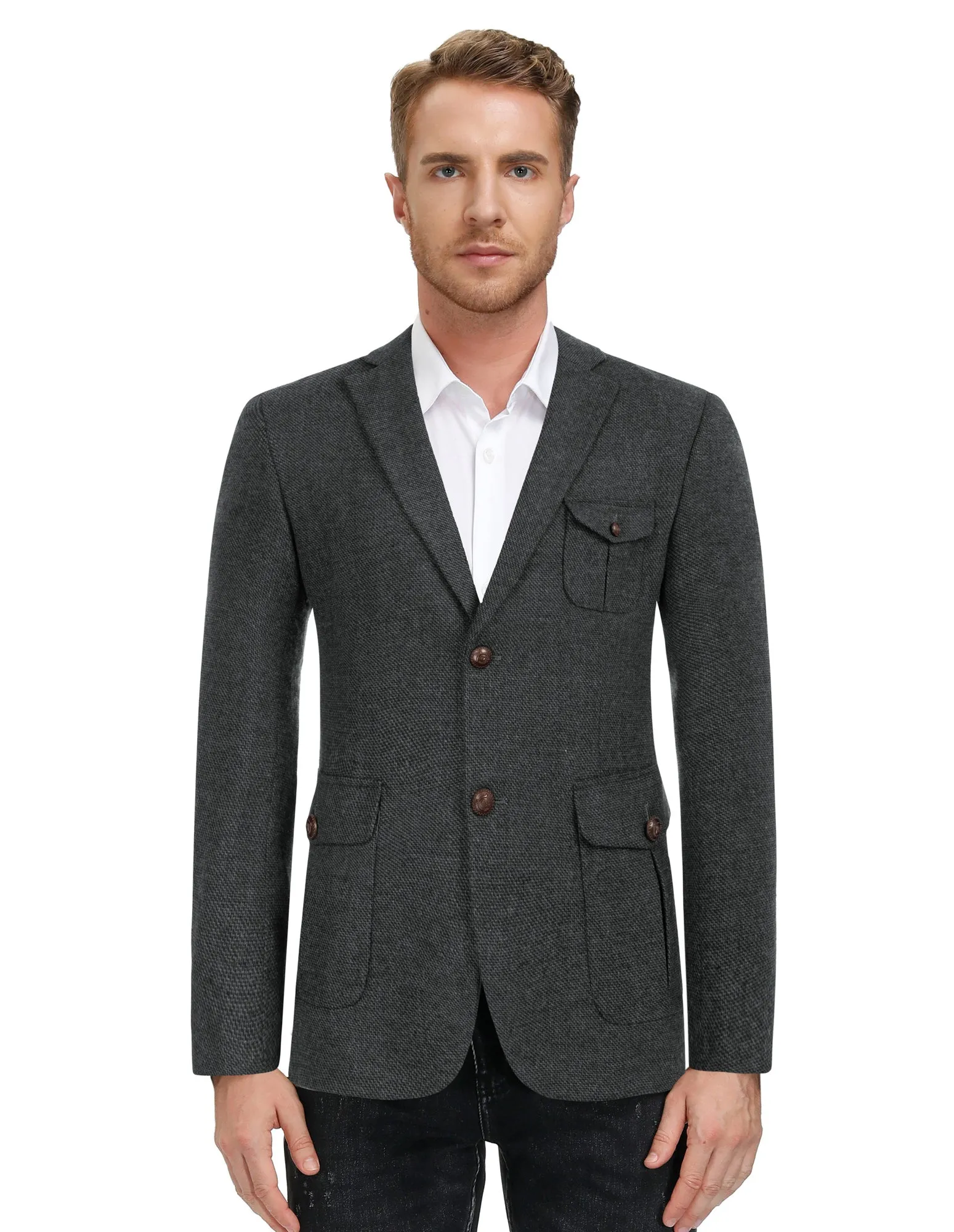 Men Herring Bone Textured Blazer Coat Notch Lapel Two Buttons Coat