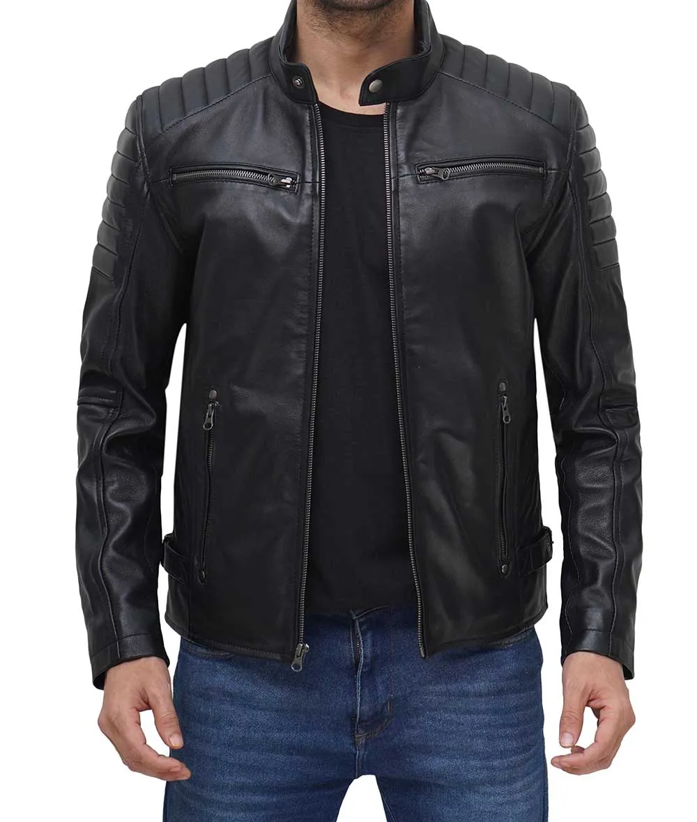 Mens Black Cafe Racer Leather Jacket With Padding