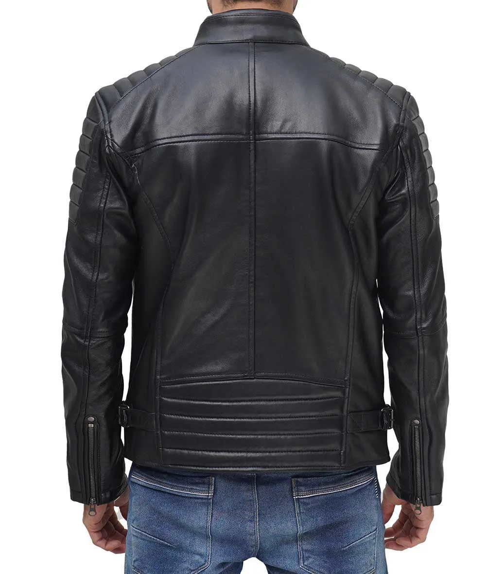 Mens Black Cafe Racer Leather Jacket With Padding