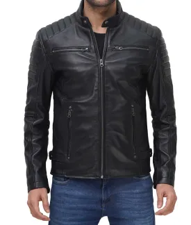 Mens Black Cafe Racer Leather Jacket With Padding