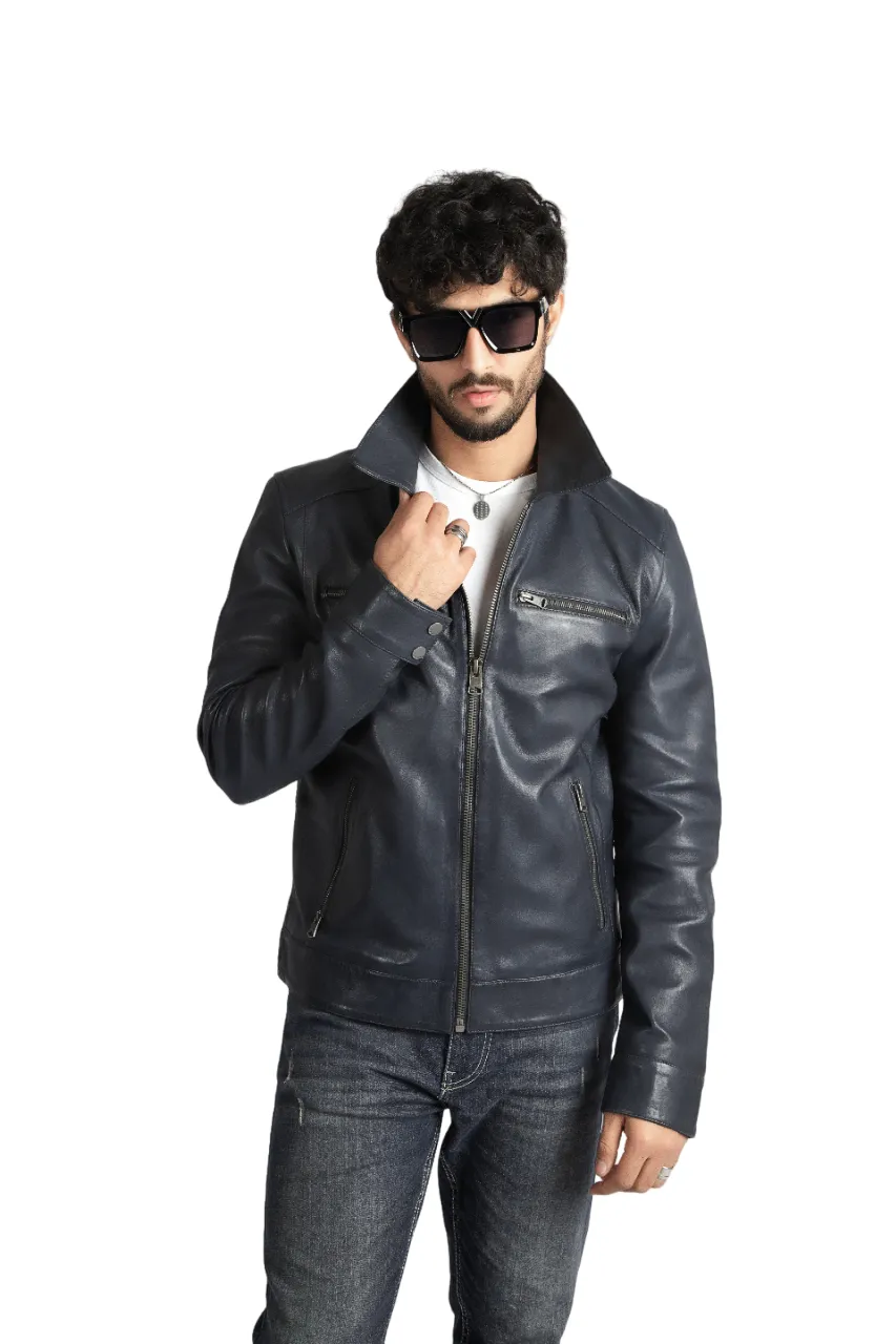 Mens Cafe Racer Style Sheep Leather Jacket Navy Blue Jacket – ELM3