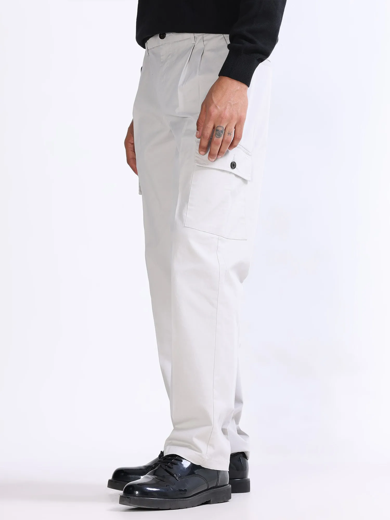 Milano Double Pleated Powder White Relaxed Cargo