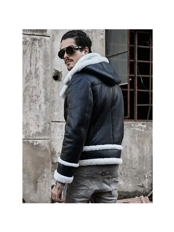 New Mens Bomber Hooded Sheepskin Leather Jacket Short Coat