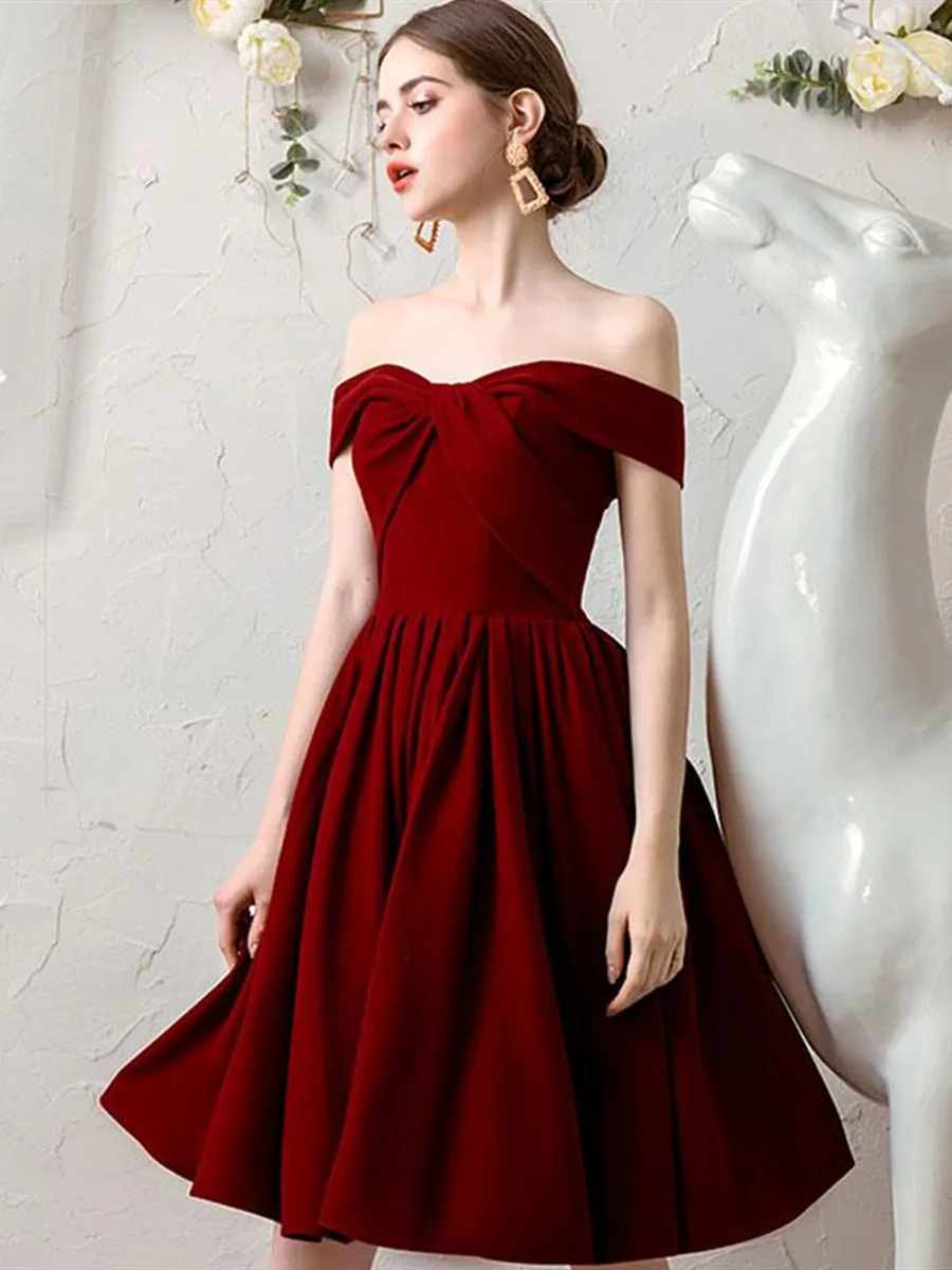 Off the Shoulder Burgundy Short Prom, Off Shoulder Burgundy Homecoming, Burgundy Formal Graduation Evening