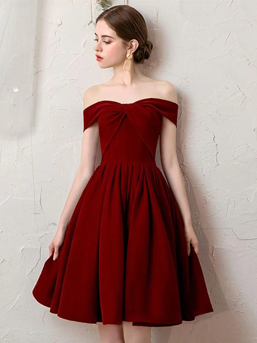 Off the Shoulder Burgundy Short Prom, Off Shoulder Burgundy Homecoming, Burgundy Formal Graduation Evening