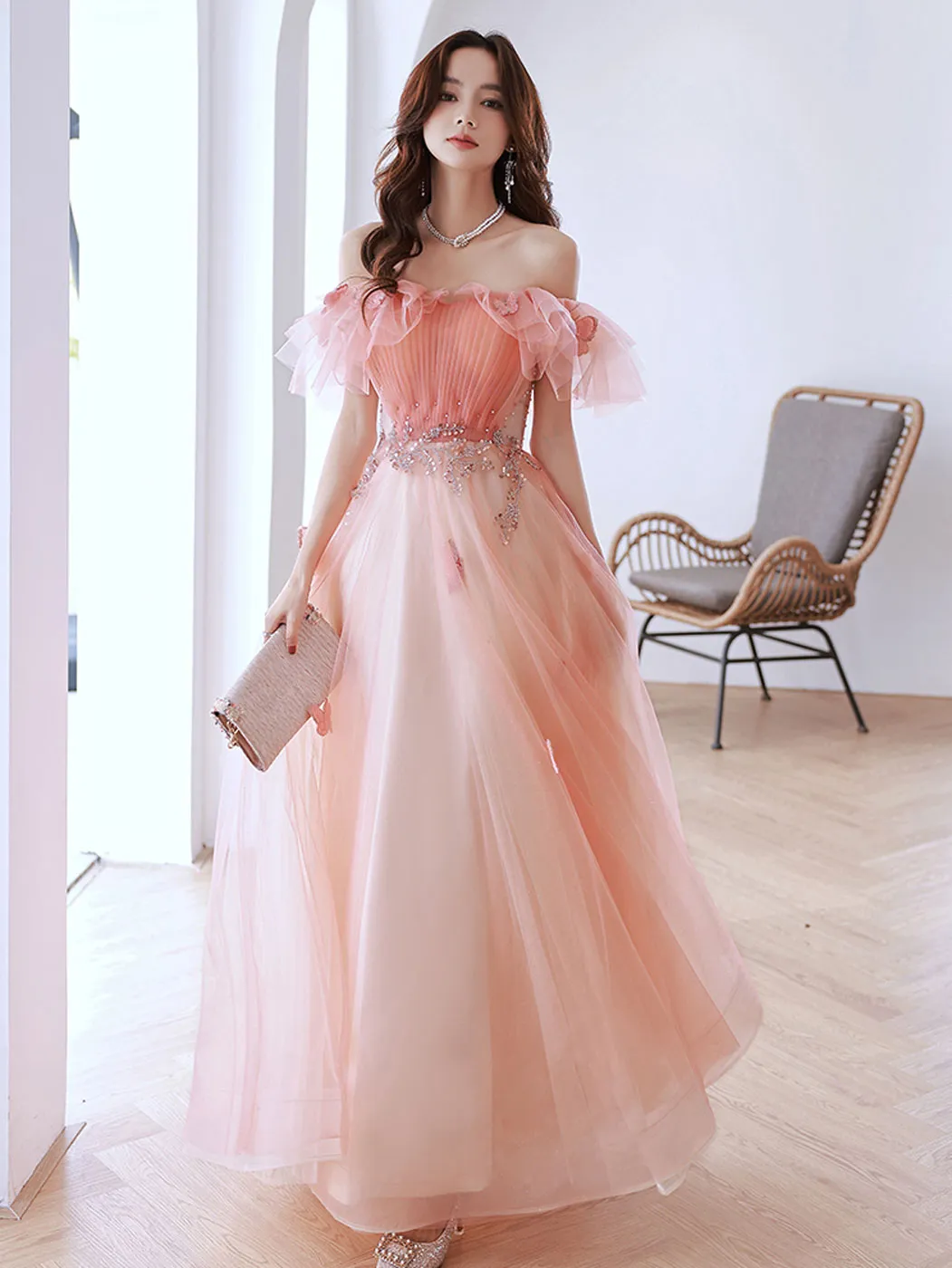 Pink Off Shoulder Tulle Long Prom Dress, Pink Tulle Formal Dress