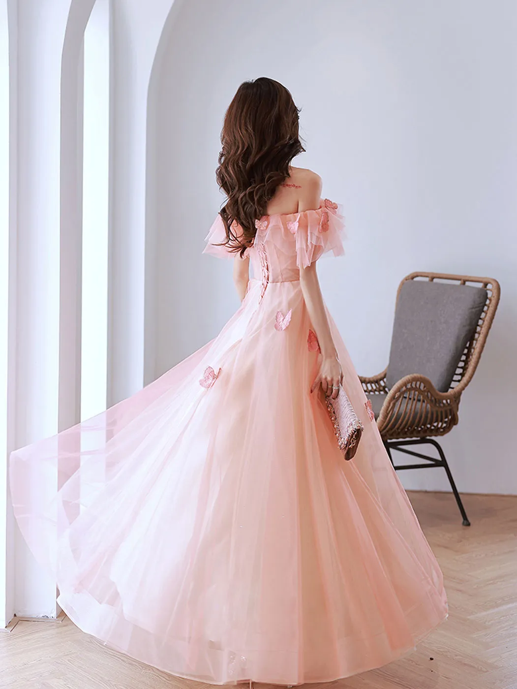 Pink Off Shoulder Tulle Long Prom Dress, Pink Tulle Formal Dress