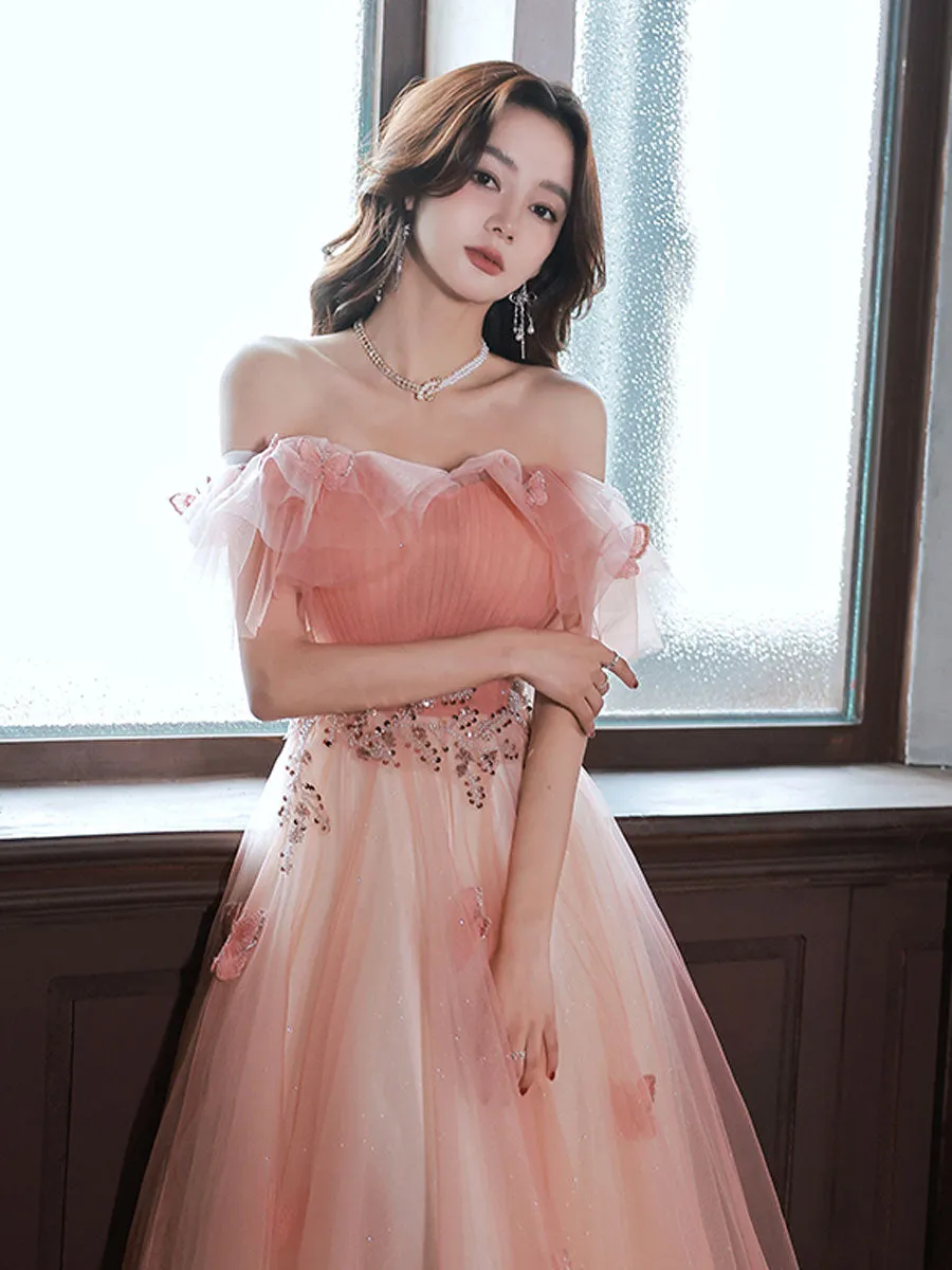 Pink Off Shoulder Tulle Long Prom Dress, Pink Tulle Formal Dress