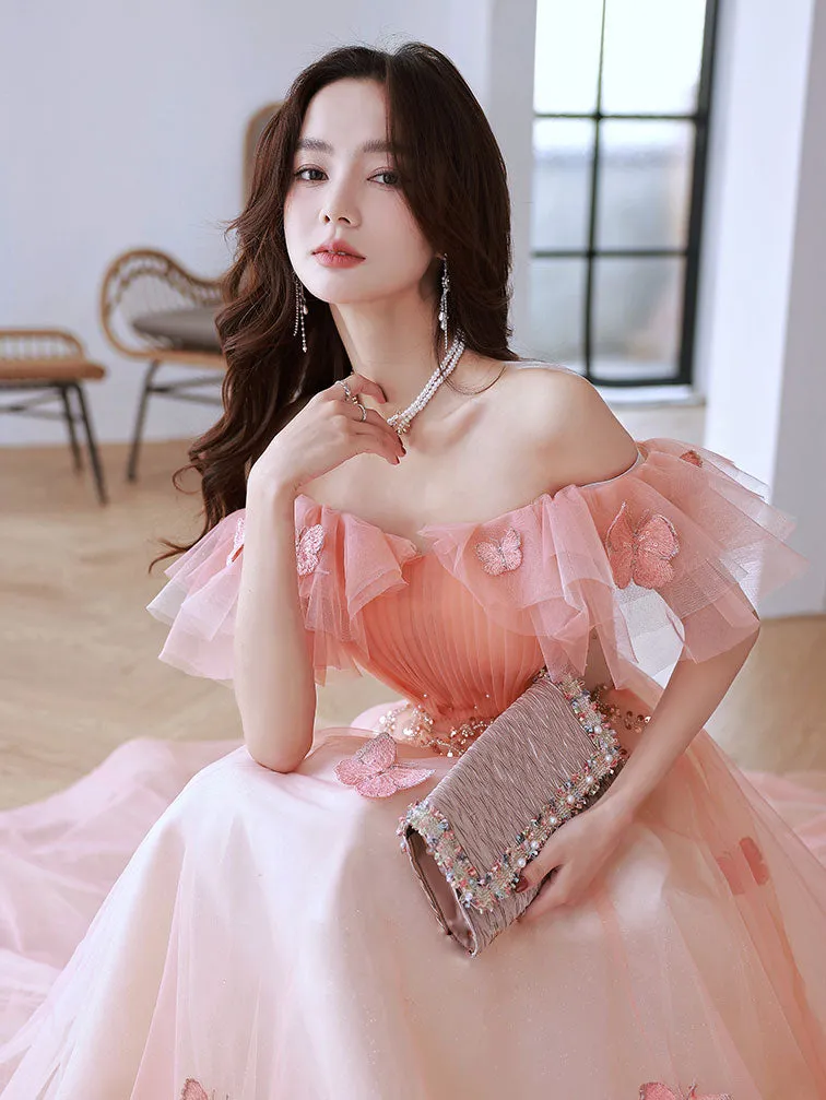 Pink Off Shoulder Tulle Long Prom Dress, Pink Tulle Formal Dress