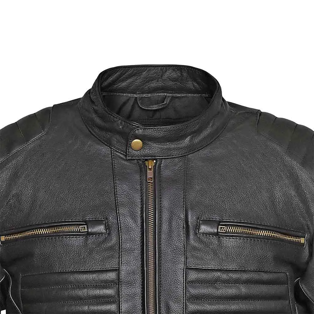 RIDERACT® Men Motorbike Jacket Combat Leather Jacket Black