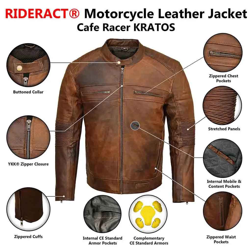 RIDERACT® Men Motorbike Jacket Leather Cafe Racer Biker Jacket KRATOS