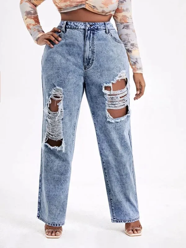 Ripped Straight Leg Jeans (Plus)